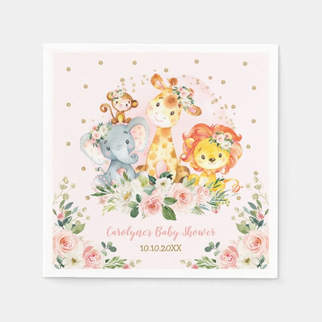Girl Jungle Baby Shower Wild Animals Birthday Napkin (Front)