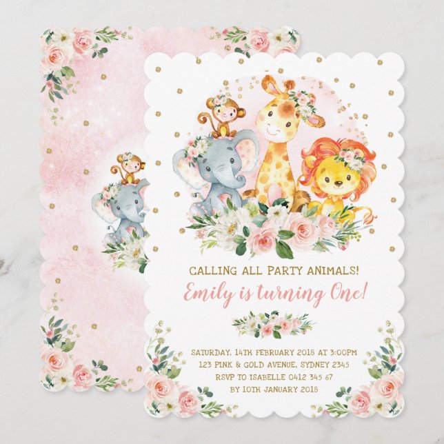 Girl Jungle Safari Animals Wild One 1st Birthday Invitation (Front/Back)