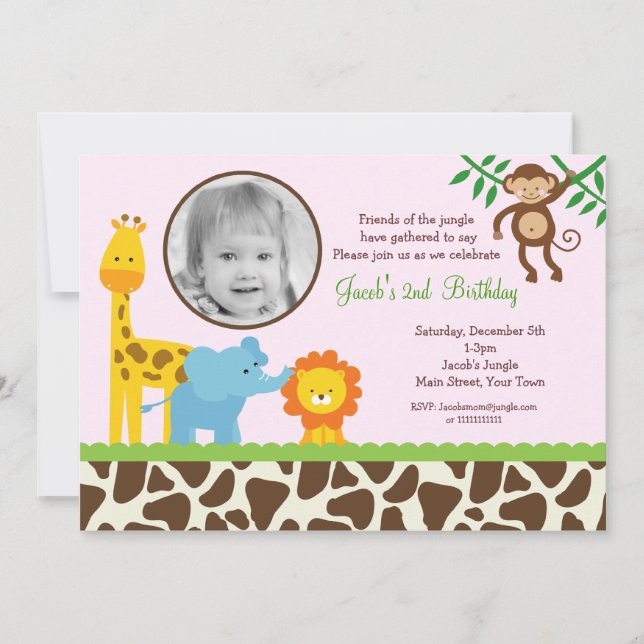 Girl Jungle Safari Photo Birthday Invitations (Front)