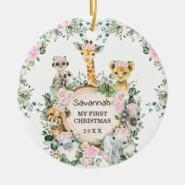 Girl Jungle Safari Wild Animals Baby 1st Christmas Ceramic Tree Decoration (Front)