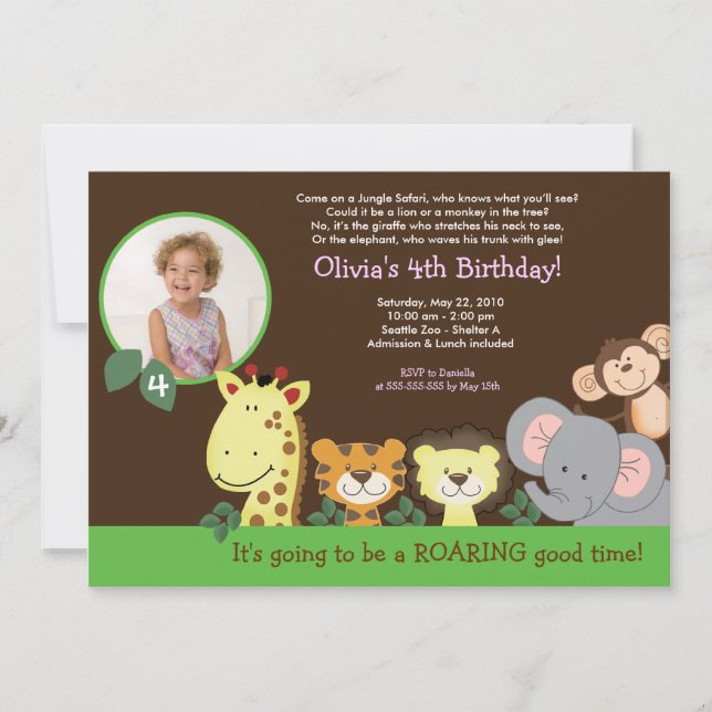 Girl Jungle Safari Zoo Animal Photo Birthday Invitation (Front)