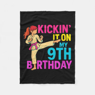 Girl Karate Taekwondo Kickin 9th Birthday Martial Fleece Blanket