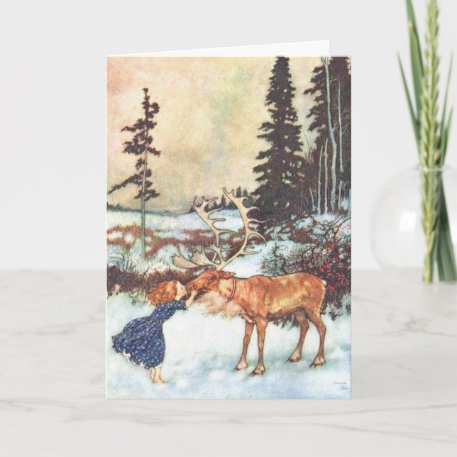 "Girl kissing a reindeer" Vintage Christmas card (Front)