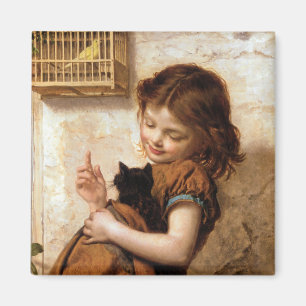 Girl, Kitty Cat & Bird - Vintage Painting Magnet