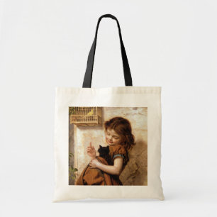 Girl, Kitty Cat & Bird - Vintage Painting Tote Bag