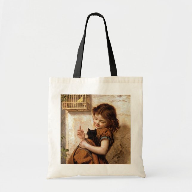 Girl, Kitty Cat & Bird - Vintage Painting Tote Bag (Front)
