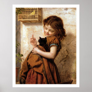 Girl, Kitty Cat & Bird Vintage Poster