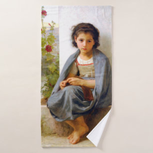 Girl Knitting, Bouguereau Bath Towel