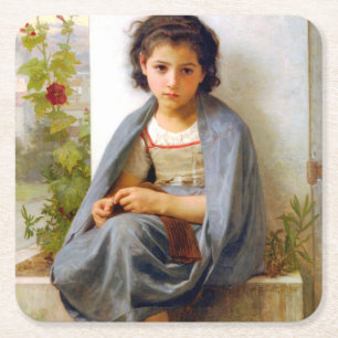 Girl Knitting, Bouguereau Square Paper Coaster