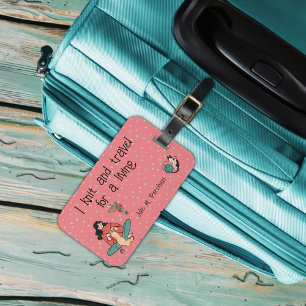 Girl knitting pink dot background yarn retro look luggage tag