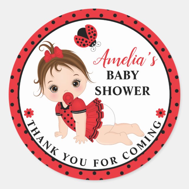 Girl Ladybug Baby Shower Classic Round Sticker (Front)