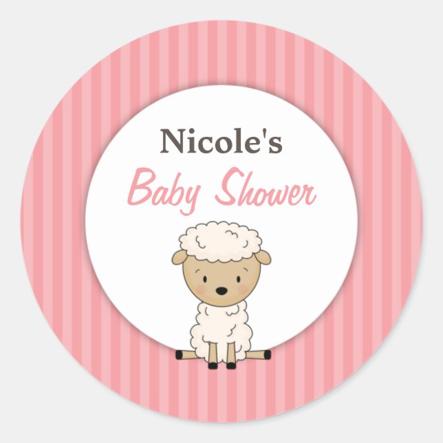 Girl Lamb Baby Shower Pink Stripe Classic Round Sticker (Front)