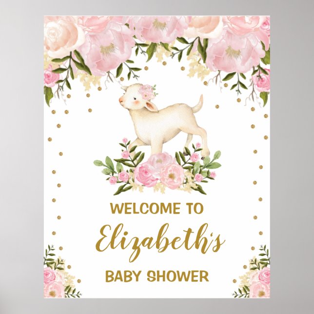 Girl Lamb Sheep Pink Blush Floral Baby Shower Poster (Front)
