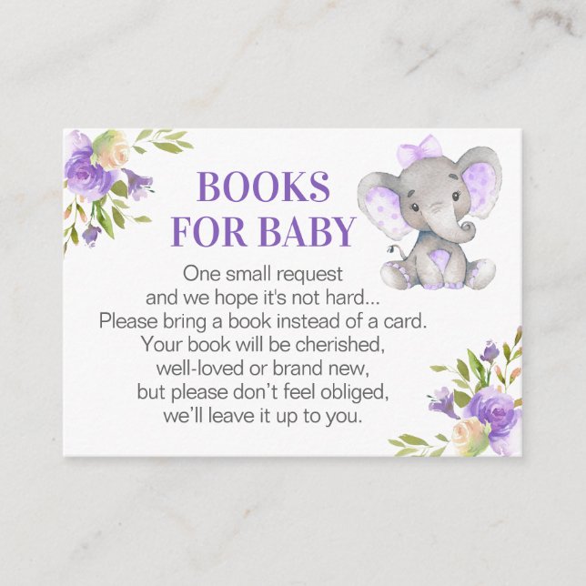 Girl Lavender Elephant Books for Baby Book Request Enclosure Card (Front)