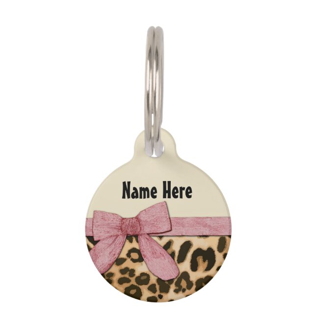 Girl Leopard Print Baby Pink Bow Pet Tag (Front)