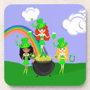 Girl Leprechauns Rainbow and Pot of Gold Coaster
