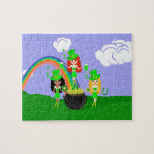 Girl Leprechauns Rainbow and Pot of Gold Jigsaw Puzzle