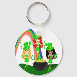 Girl Leprechauns Rainbow and Pot of Gold Key Ring