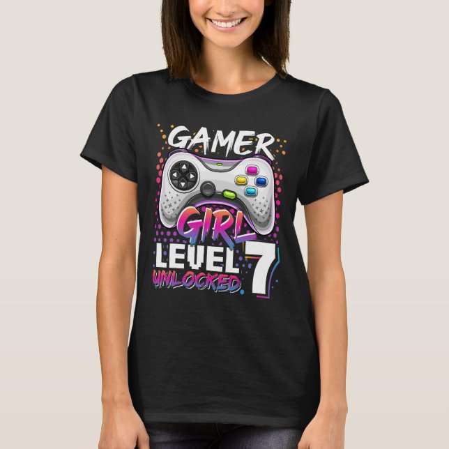 Girl Level 7 Unlocked Video Game 7th Birthday Gift T-Shirt (Front)