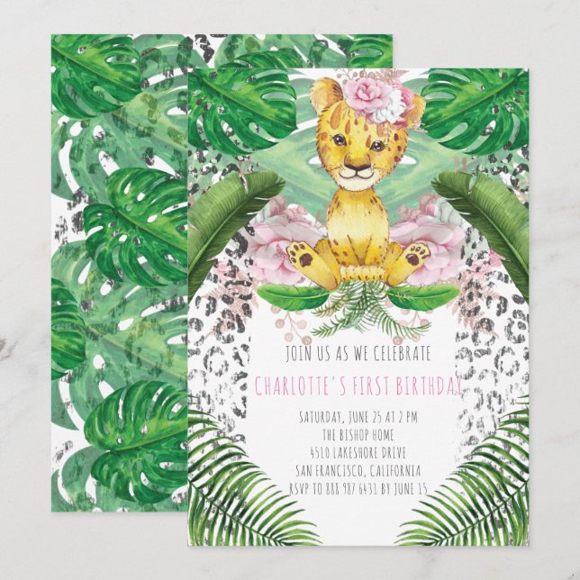 Girl Lion Illustration Safari First Birthday Invitation (Front/Back)