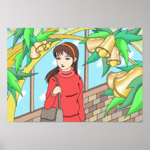 Girl listening to the sound of bells. poster
