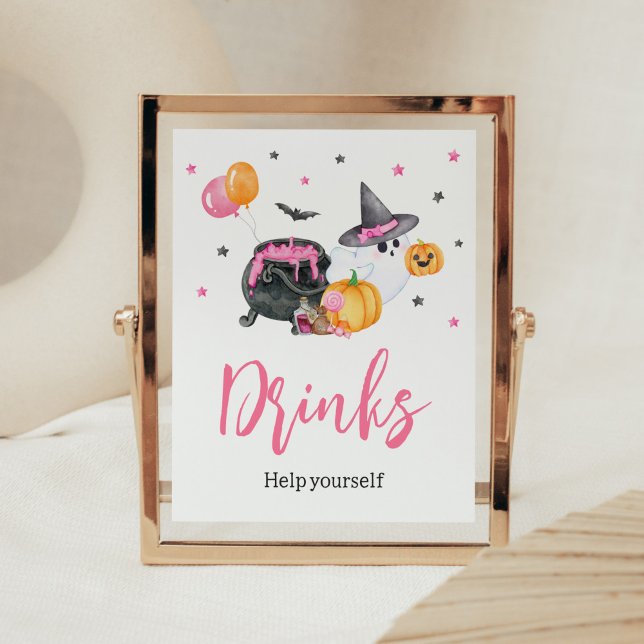 Girl Little Boo Ghost Baby Shower Drinks Poster (Ghost Halloween Baby Shower Drinks Sign)