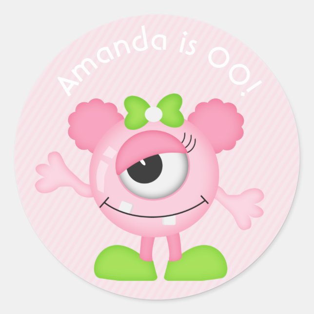 Girl Little Monster themed Birthday Party Classic Round Sticker (Front)