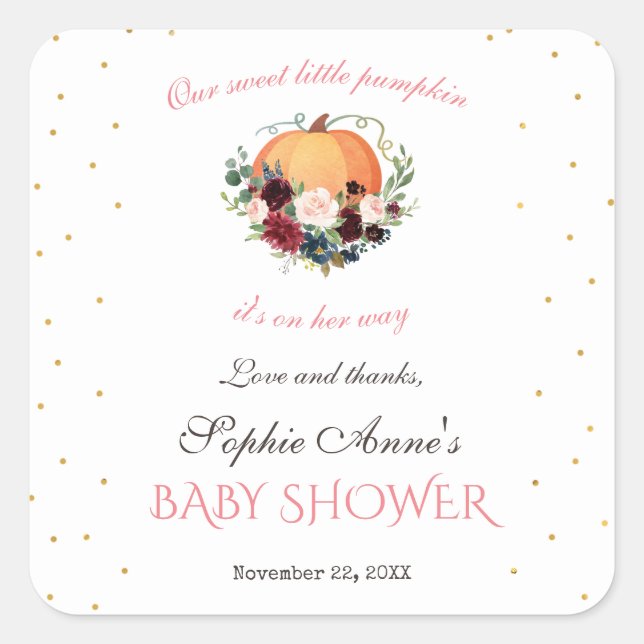 Girl Little Pumpkin Burgundy Floral Baby Shower Square Sticker (Front)