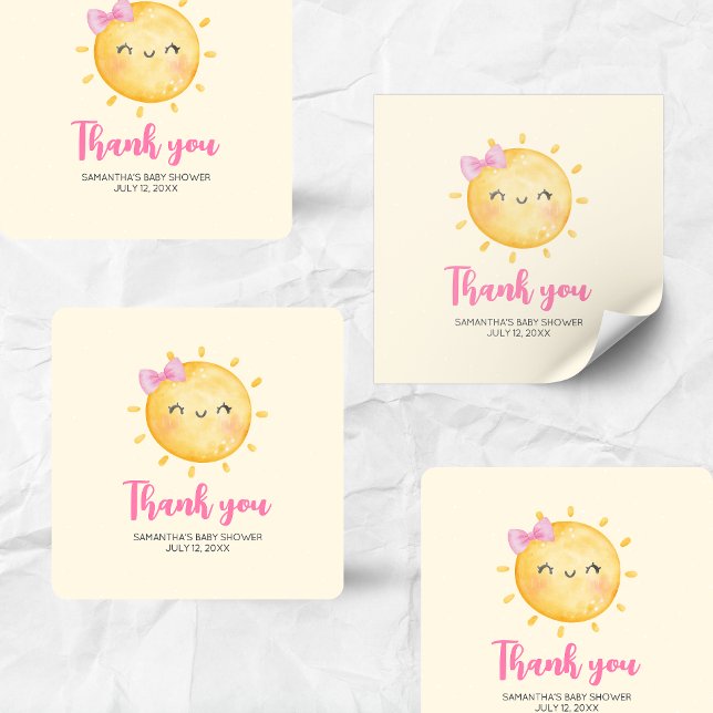 Girl Little Ray of Sunshine Baby Shower Square Square Sticker (Little Ray of Sunshine Boho Baby Shower Square Sticker)