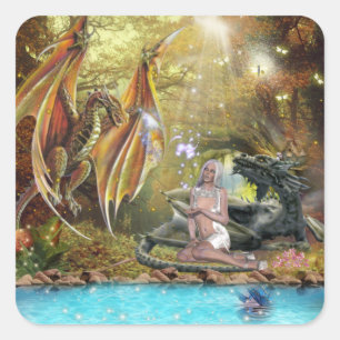 Girl Living With Dragons Square Sticker