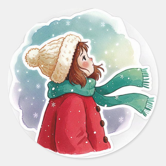 girl looking at the snow classic round sticker (Front)
