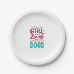 Girl Loves Dogs Vintage Engraving Typography Desig Paper Plate