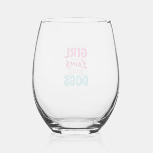 Girl Loves Dogs Vintage Engraving Typography Desig Stemless Wine Glass