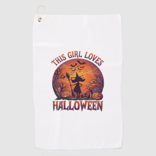 Girl Loves Halloween Witch Pumpkins Bats_1 Golf Towel