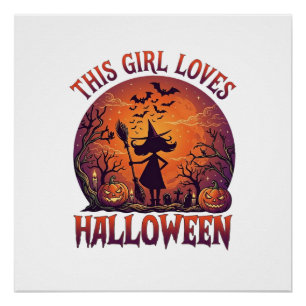 Girl Loves Halloween Witch Pumpkins Bats_1 Poster
