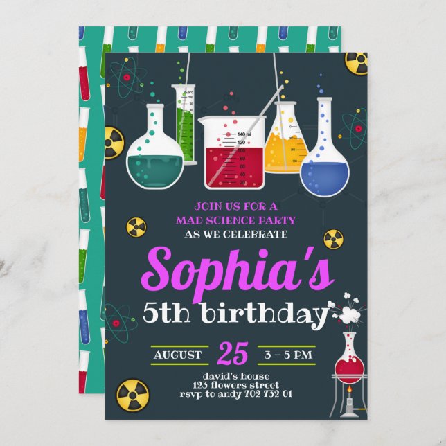 Girl Mad Scientist Caution Birthday Party Invitation (Front/Back)
