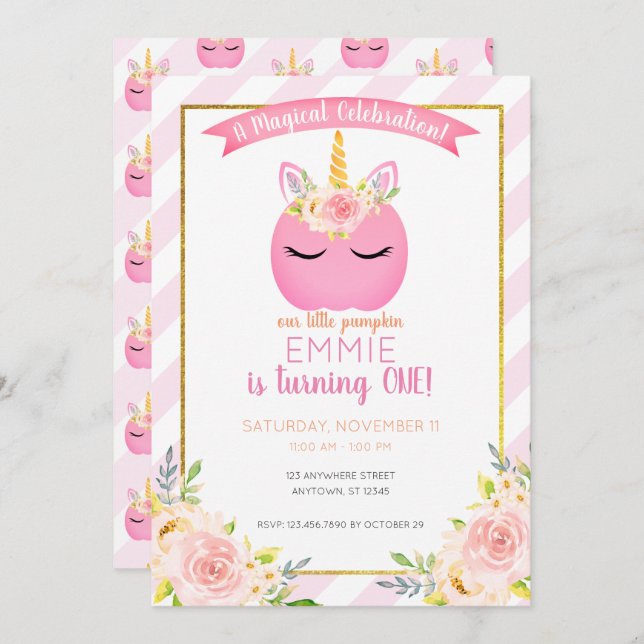 Girl Magical Party Pumpkin Unicorn Birthday Invitation (Front/Back)