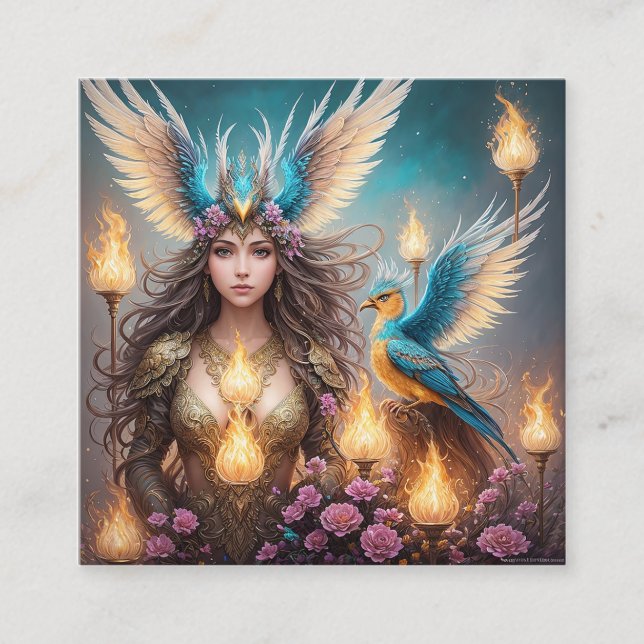 Girl, majestic fenix bird Oil painting, 3d, Square Business Card (Front)