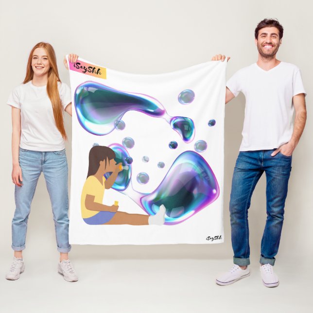 girl make soap bubble fleece blanket (In Situ)