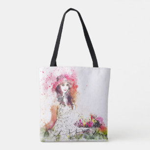 Girl Meadow Grass Field Flower Basket Hat Smile Tote Bag