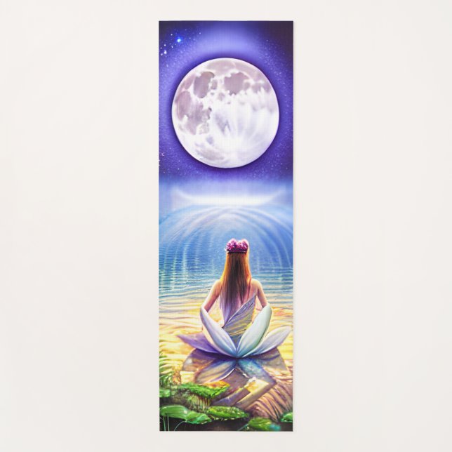 Girl Meditating on Lotus Flower Full Moon Yoga Mat (Front)