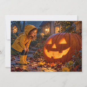 Girl Meets Giant Glowing Pumpkin Halloween Card