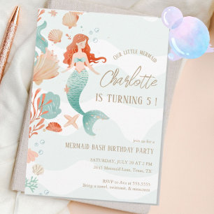 Girl Mermaid Bash Birthday Party Green Coral Invitation