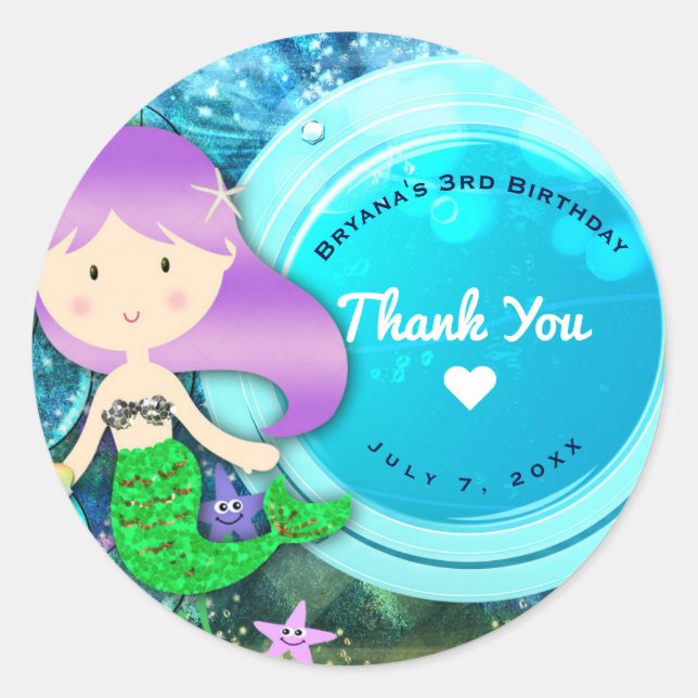 Girl Mermaid Birthday Party Enchanted Sea Favour Classic Round Sticker (Front)