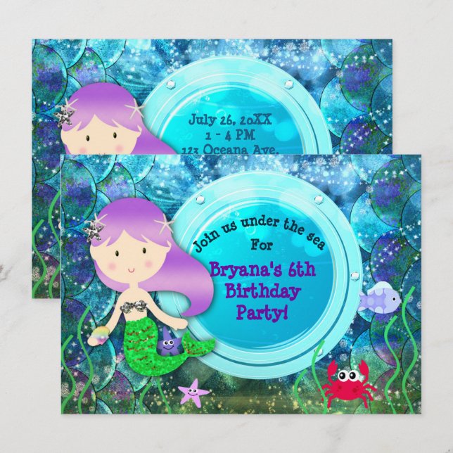 Girl Mermaid Birthday Party Under the Sea Beach Invitation (Front/Back)