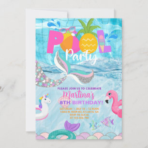 Girl mermaid pool party, pool bash summer invite. invitation