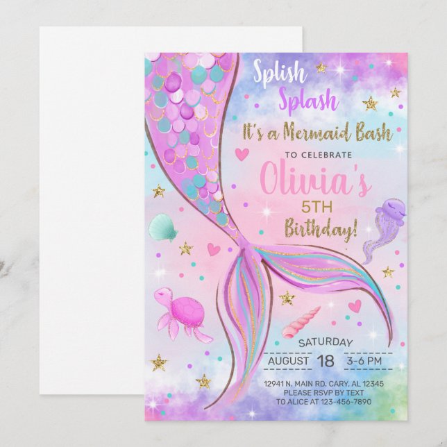Girl mermaid watercolor and gold birthday invite. invitation (Front/Back)