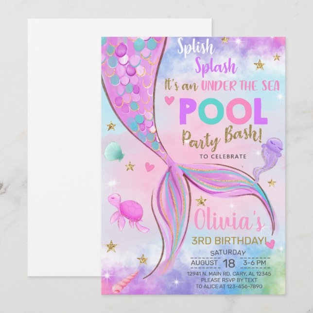 Girl mermaid watercolor and gold birthday invite. invitation (Front/Back)