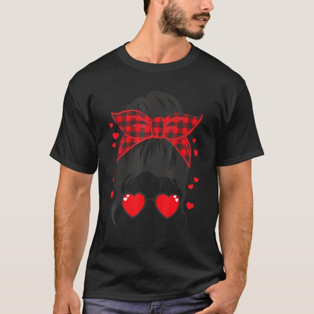 Girl Messy Bun Buffalo Red Plaid Heart Valentines  T-Shirt (Front)
