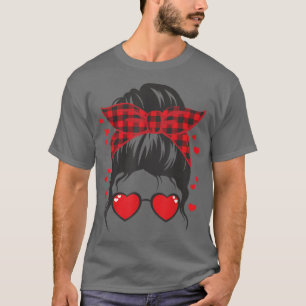 Girl Messy Bun Buffalo Red Plaid Heart Valentines T-Shirt